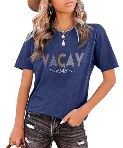 Image of Vacay Mode T Shirts for Women Summer Beach Hawaii Vacation Short Sleeve Tops Holiday Cruise Getaway T Shirts