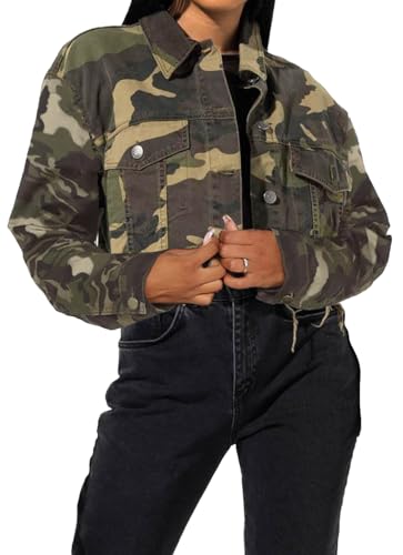 sexycherry Camouflage Jacket for Women Casual Long Sleeve Military Camo Lightweight Distressed Short Coats with Zipper Pockets(Medium)