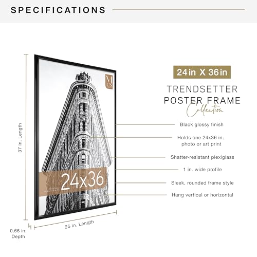 MCS Trendsetter 24x36 Poster Frame Black High-Gloss, Vertical & Horizontal Wall Hanging Large Picture Frame for Photos, Posters & Art Prints (1-Pack)