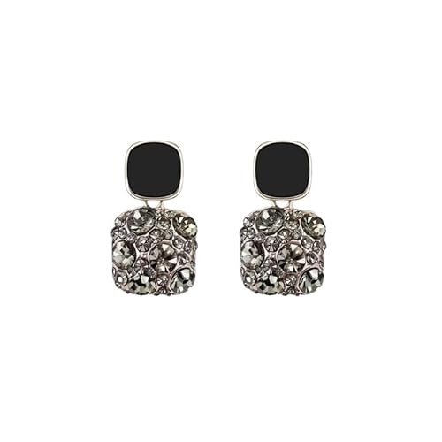 2PCS Women's Black Grey Golden White Square Shape Ear Clips Unpierced Ears (Black Grey Clip On Earrings)