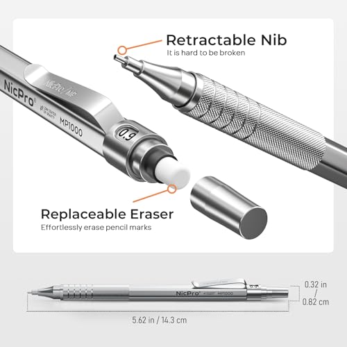 Image of Nicpro 0.9 mm Metal Mechanical Pencil Set with Case, with 3PCS MP1000 0.9mm Drafting Pencil, 8 Tubes HB Lead Refills, 3PCS Eraser, Erasers Refills for Artist Writing, Drawing, Sketching, Silver