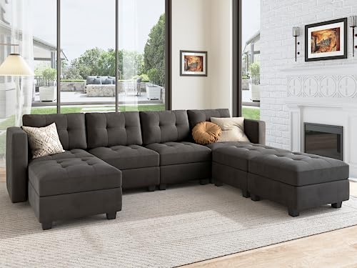 HONBAY Modular Sectional Sofa Oversized U Shaped Couch with Storage Seat Velvet 7 Seater Modular Sofa with Reversible Chaises, Grey HONBAY Modular Sectional Sofa Oversized U Shaped Couch with Storage Seat Velvet 7 Seater Modular Sofa with Reversible Chaises, Grey
