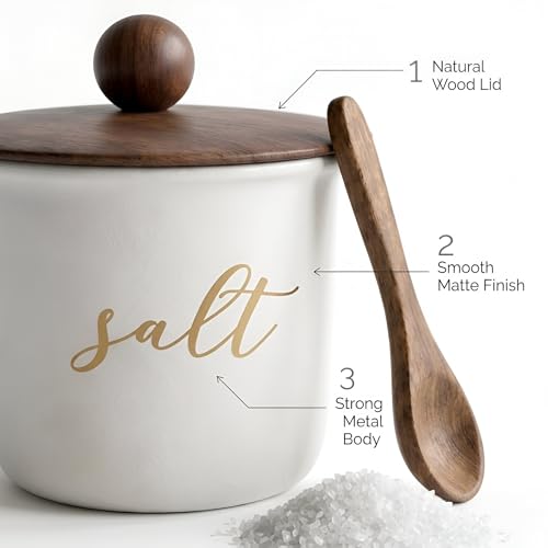 Image of Sugar and Salt Storage Canister Set of 2, White Metal, Airtight Acacia Wood Lid, 800ml, with Wooden Spoon, Food Safe Kitchen Storage Container /Jar