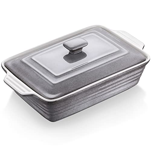 1er Auflaufform Steinzeug, LOVECASA Lasagnepfannen mit Deckel, rechteckige Auflaufförmchen, Ofenform Pastetenform mit Griffen 39,5 x 24 x 9 cm, 4500 ml Cover