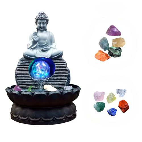 Zen Sitting Buddha Tabletop Fountain - Small Indoor Meditation Waterfall Water Feature for Zen Decor in Home, Office, Living Room or Bedroom + (10 PCS Free Crystals)