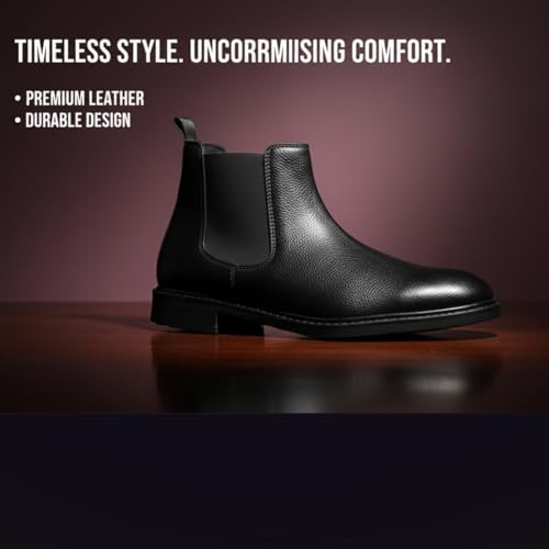 Image of CRACHERS Men's Classic Black Leather Chelsea Boots | Formal & Casual Slip-On Ankle Boots with Elastic Side Panel and Pull Tab | Durable & Stylish Lightweight Boots for Men