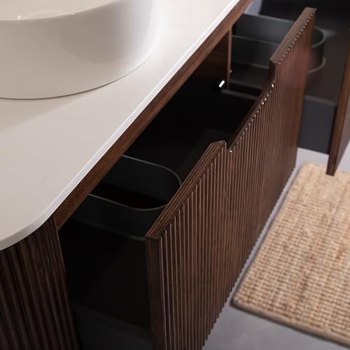 Image of KEIKI 60 inch Floating Bathroom Vanity with Sink, Double Basin Wall Vanity Cabinet with Curved Edges, 2 Soft-Close Drawers, Pre-Assembled Bathroom Storage Vanity, Walnut