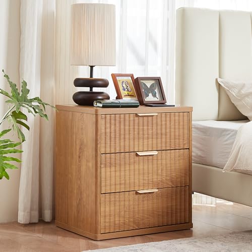 LEYAOYAO 23" Wide Fluted Night Stand with Charging Station, 3 Drawers Large End Table with Storage, Brown Nightstand Wood Bedside Tables, Farmhouse Cabinet Dresser for Bedroom, Living Room,Closet