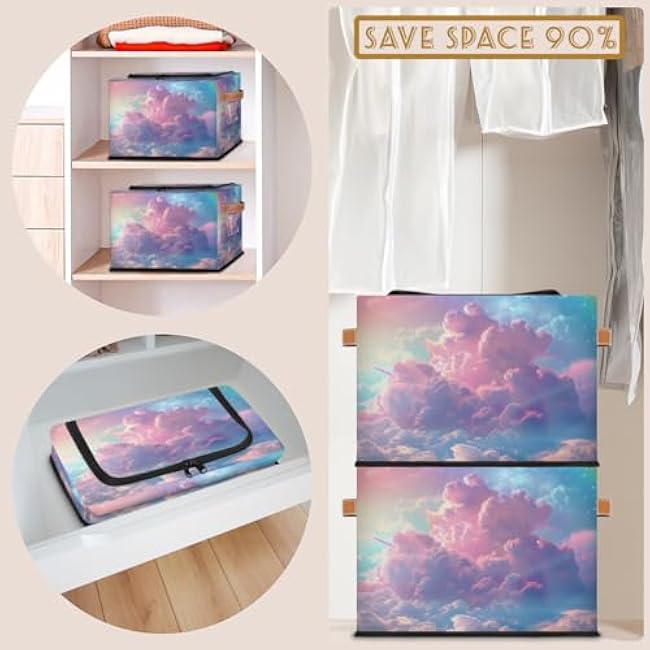 Storage Bins with Zippered Lids - Rainbow Cloud Foldable Organizer Basket with Sturdy Frame and Handles for Bedroom Laundry Organization Closet Shelf Nursery Toy Storage 1-Pack