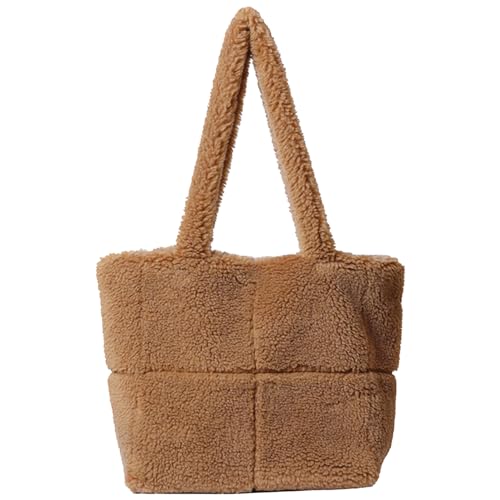 Bolso de mano acolchado, bolso de mano de felpa, peludo simple de gran capacidad para mujer, lindo de piel sintética de invierno, hombro acolchado cálido para niña de invierno Café