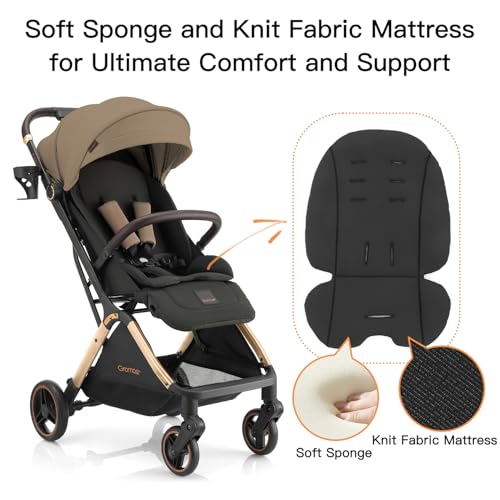 Image of Gromast Gravity Folding Baby Stroller - Portable Travel Toddler Stroller w /Adjustable Backrest, Canopy & Cup Holder, Lightweight and UV Protected, One-Hand Automatic Folding - Golden Khaki