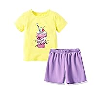 FANSU Pyjamas for Kids Girls Boys, Baby Cotton Short Sleeves Crew Neck Pjs Summer Cartoon Printed Tops Shirts & Pants Nightwear Children Outfit Age 2-7 Years (100cm,Yellow ice cream)