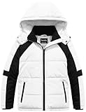 Pursky Boys Colorblock Winter Coat Youth Ski Jacket Puffer Fleece Jacket Water Resistant Hooded Parka White&Black 14-16