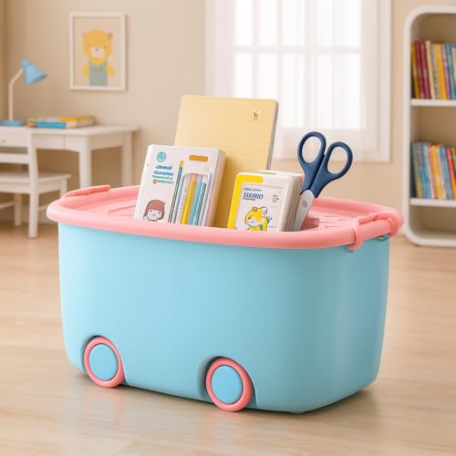 PARASNATH 45 Litre Blue Pink Colour Rolling Storage Container Box – Storage Unit With Flexible Wheels, Secure Locking Lid