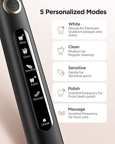 Sonic Electric Toothbrush for Adults , Rechargeable Power Toothbrushes with 5 Modes,Smart Timer,4 Brush Heads,4 Hours USB Fast Charge for 30 Days,Black
