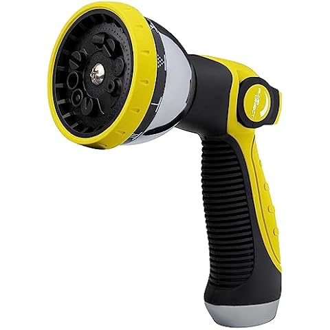 ALMA Garden Hose Nozzle Sprayer with THUMB CONTROL ON OFF VALVE - 10 Spray Pattern Garden Hose Sprayer Nozzle - Perfect Water Hose Nozzle for Outdoor - Hose Head Attachment Gun Handle Nozzles Yellow Cover