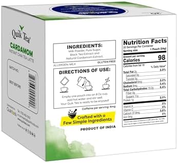 Quik Tea QuikTea Cardamom Instant Chai Tea Latte - Single Box of 20 Counts - Single Serve Pouches - All Natural & Preservative Free
