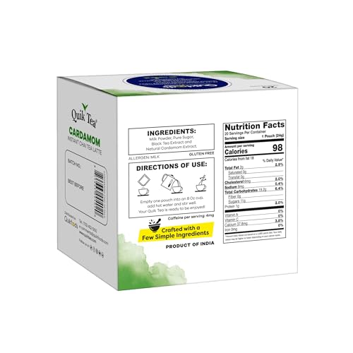 Quik Tea QuikTea Cardamom Instant Chai Tea Latte - Single Box of 20 Counts - Single Serve Pouches - All Natural & Preservative Free