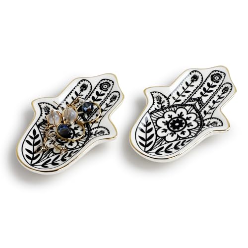 DSIOHFEI 2pcs Jewelry Trinket Ring Dish, Ceramic Trinket Tray Key Bowl, Small Hamsa Evil Eye Boho Decorative Plate for Earrings Rings Necklaces Keys, Ring Holder for Women Friends Sisters Mother