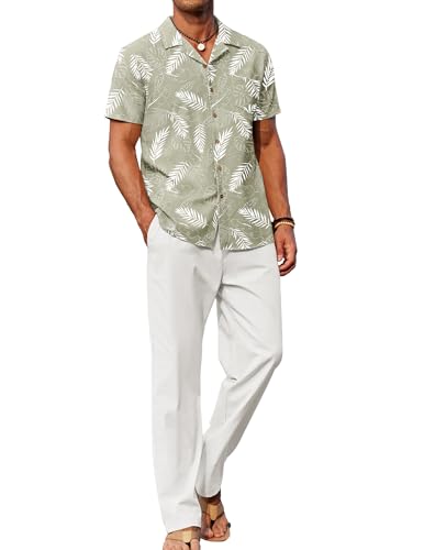 Image of COOFANDY Men 2 Piece Linen Outfit Beach Button Down Shirt Casual Loose Pant Sets