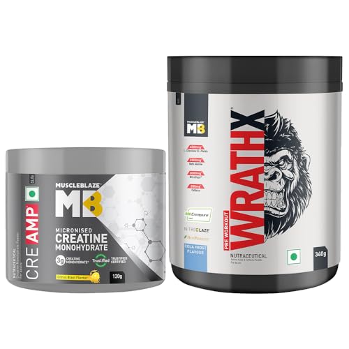MuscleBlaze Pre Workout WrathX with Creapure®, Nitroblaze & BioPerine (Cola Frost, 340g, 20 Servings) & Creatine Monohydrate CreAMP™ (120g, Citrus Blast)
