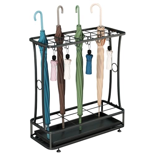 Organisateur de parapluie en fer stable avec crochets et bac d'égouttage amovible