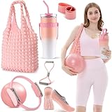 Poen 7 Pcs Pilates Essentials Kit for Women Home Workout Pilates Equipment Ring and Ball Set with 11.81 Inch Circle 9.84 Inch Yoga Ball Resistance Bands Cup Bag Socks for Beginners(Pink)