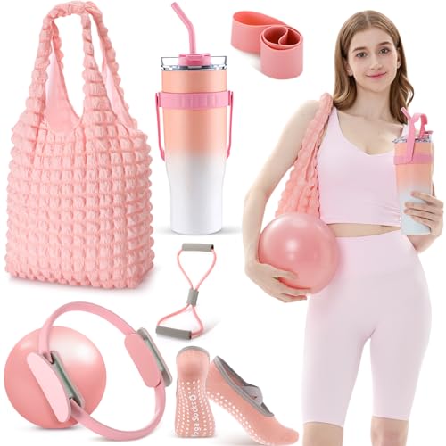 Poen 7 Pcs Pilates Essentials Kit for Women Home Workout Pilates Equipment Ring and Ball Set with 11.81 Inch Circle 9.84 Inch Yoga Ball Resistance Bands Cup Bag Socks for Beginners(Pink)