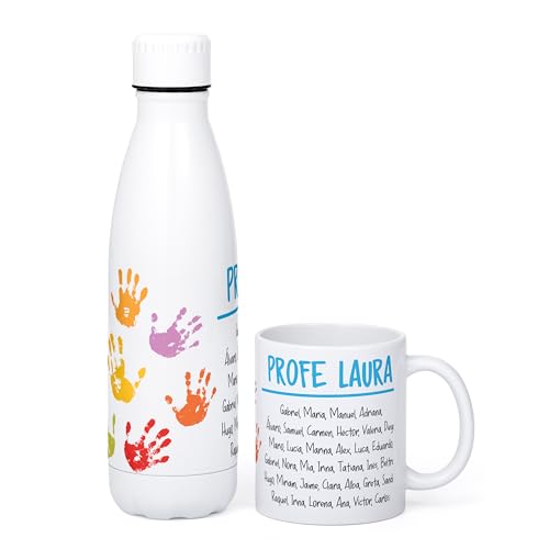Regalo Original   Taza y Botella Personalizada para Profesores   Capacidad de 33cl y 500 cm   Ideal para Fin de Curso   Personaliza con Nombre de todos los Alumnos