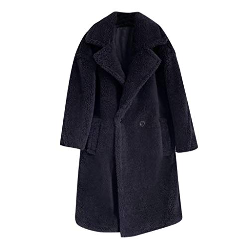Women's Fuzzy Fleece Lapel Open Front Long Cardigan Coat Faux Fur Warm Winter Outwear Jackets with Pockets Black