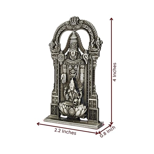 Image of anciently Tirupati Balaji Idol with Lakshmi for Car Dashboard | Venkateswara Idol with Lakshmi for Car Dashboard, Metal, 1 Piece (Silver Colour)