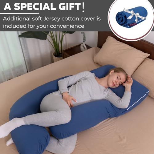 malena life G-Shaped Pregnancy Pillow Comes with 2 Removable Covers | 50-inch Ergonomic Full Body Pillow for Sleeping, Maternity Support, & Post-Surgery Recovery - Grey Velvet & Blue Cotton