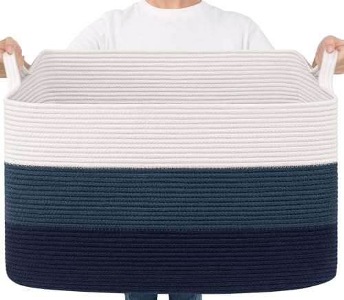 Image of Goodpick 85L Large Blanket Basket 23.6 inch x 15.7 inch x 13.8 inch Cotton Rope Storage Baskets for Organizing, Rectangle Woven Baskets for Storage, Baby Toy Basket for Nursery Bedroom, Blue