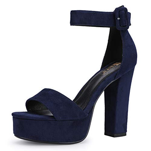IDIFU IN5 Sabrina Blue Heels Platform Block Chunky High Ankle Strap Heeled Sandals Sexy Wedding Party Dress Shoes for Women Open Toe Heels (Blue Suede, 7)