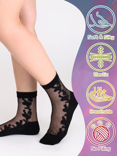 Campsis Black Sheer Ankle Socks, Floral Nylon Socks, Pattern Mesh Sock for Women3
