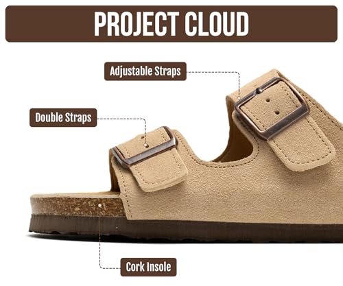 Image of Project Cloud 100% Genuine Leather Flat Sandals For Women 2026 Cork Footbed Womens Sandals with Memory Foam and arch support Vacation Essentials Slides for Women Footwear (Venita)