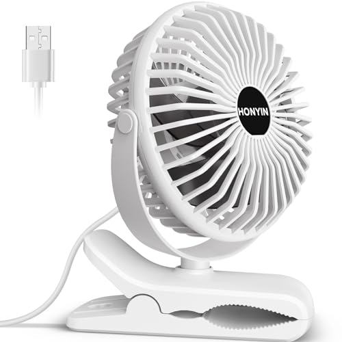 HONYIN Mini USB Clip Fan, Clip and Desk Personal Fan with Sturdy Clamp, 720° Rotation, 3 Speeds Cooling Wind by USB Plug In, for Home, Office and Desk