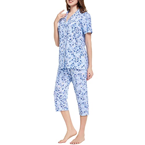 Image of Tugege Capri Pajamas Set Womens Button Down Short Sleeve Lounge Sets Sleepwear Notch Collar Top & Capri 2 Piece PJ Sets