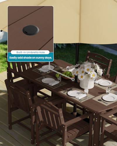 Image of Ciokea HDPE Outdoor Dining Table with Umbrella Hole,66 inch Rectangle Patio Table for 6,All-Weather Outdoor Patio Furniture Set for Garden Backyard,Brown