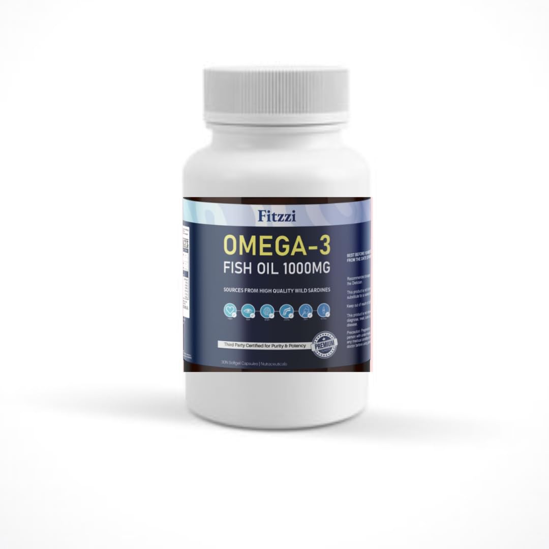 Fitzzi Omega-3 Fish Oil Supplement: Premium - Sourced from Wild Sardines Fish - 1000mg with EPA (180mg) & DHA (120mg) - (Pack Of 30 Softgel Capsules)