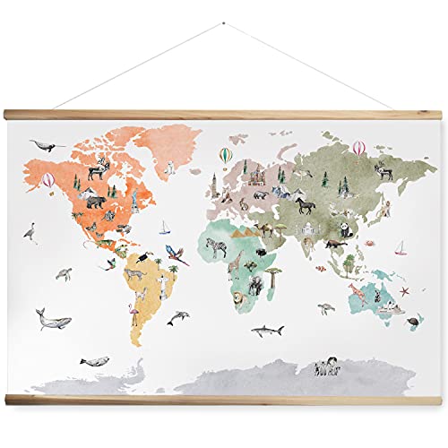 Image of Animal World Map Wall Art for Kids 24" x 36" with Wood Poster Hanger | Kids Nursery Boho Decor | Modvin Hanging Canvas Map | No Assembly Required