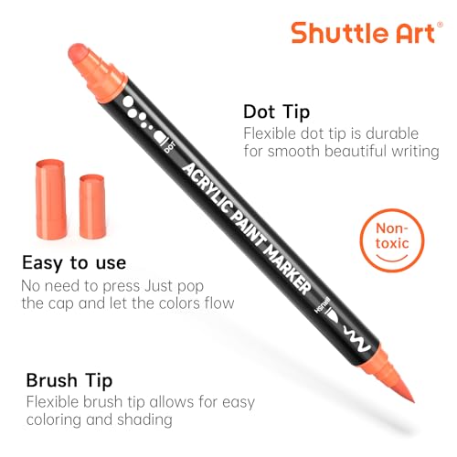 Image of Shuttle Art 28 Colors Dual Tip Acrylic Paint Markers, Brush Tip and Dot Tip Acrylic Paint Pens for Rock, Ceramic, Wood, Canvas, Plastic, Glass, Stone, Calligraphy, Card Making, DIY Football Crafts