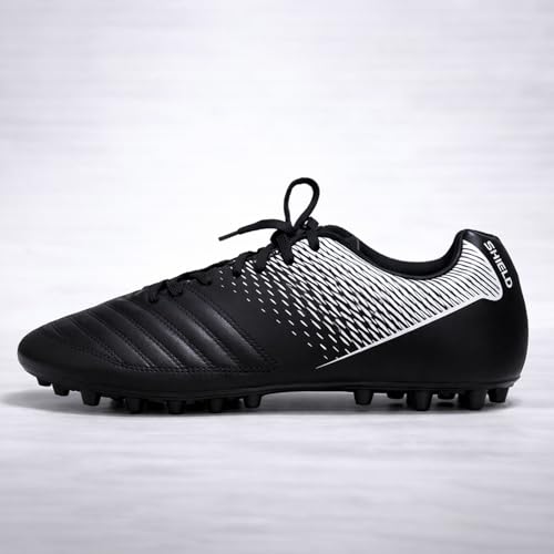 Image of Anza Shield Football Boots for Men, Black and Silver, Polyurethane, Lace-Up, Low Top, Lightweight and Durable Semi Stud