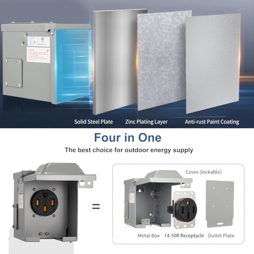 Suplevel 50 Amp EV/RV Power Outlet Box, Extra Heavy Duty EV-Grade 14-50R Receptacle, NEMA 3R Enclosed Lockable Weatherproof Outdoor Metal Box, EV Charger, 3-Pole, 4-Wire, ETL Listed by Suplevel - Image 6