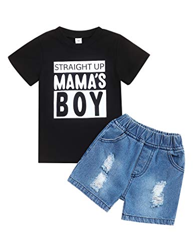 Toddler Infant Boy Clothes MamaS BOY Letter Printed Shorts Sleeve Top + Stripe Shorts Summer Outfit (Black-B, 18-24 Months)