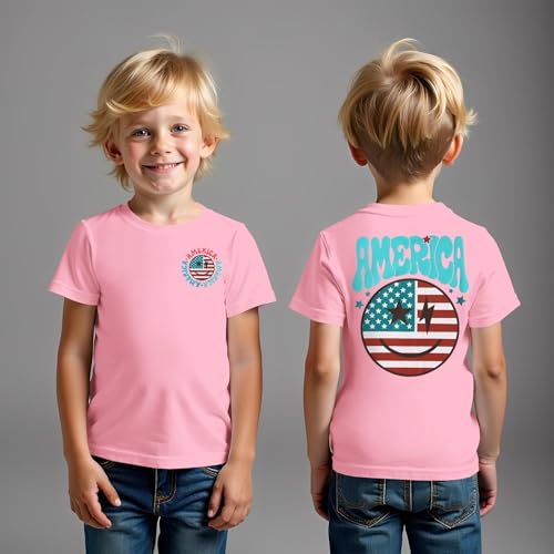 Image of MODNTOGA Boys Girls 4th of July Shirt USA Flag Graphic T-Shirt Big Kids America Print Short Sleeve Patriotic Holiday Tee Tops (Pink, 7-8 Years)
