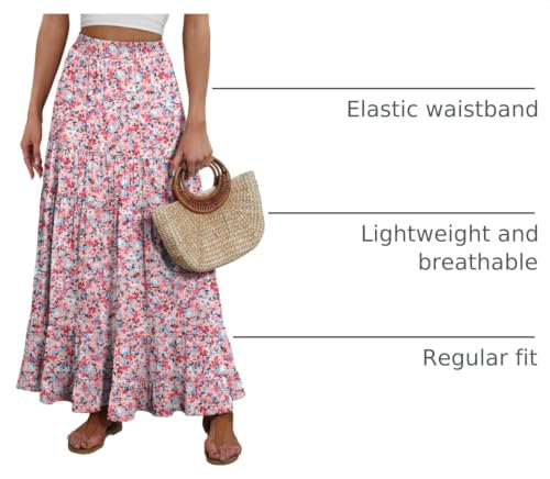 Image of ANRABESS Womens Maxi Skirt Elastic High Waist Swing Tiered A-line Flowy Pleated Boho Beach Vacation Long Skirts