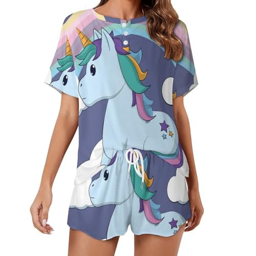 Pyjama licorne arc-en-ciel femme ensemble vêtements de nuit été manches courtes