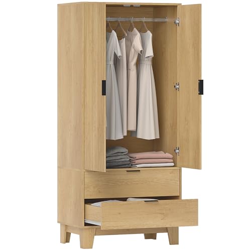 HOMCOM Armoire Chambre penderie avec 2 Portes cannelées à Fermeture Douce, 2 tiroirs et Barre de Suspension, Armoire à vêtements, Dressing, Style Moderne,...