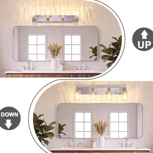 Image of 4-Light Bathroom Light Fixtures Modern Chrome Vanity Lights | Easy to Install Clear Hammered Glass Shades, Rippled Glow, Wall Mount Up or Down, E26 Socket, Hardwired, 120V